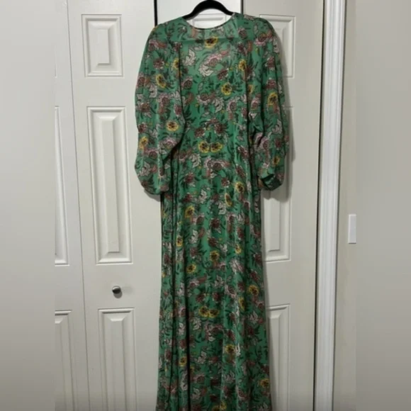 Free People Green floral maxi dress with large blouson ruched & tied sleeves - L - Picture 3 of 8